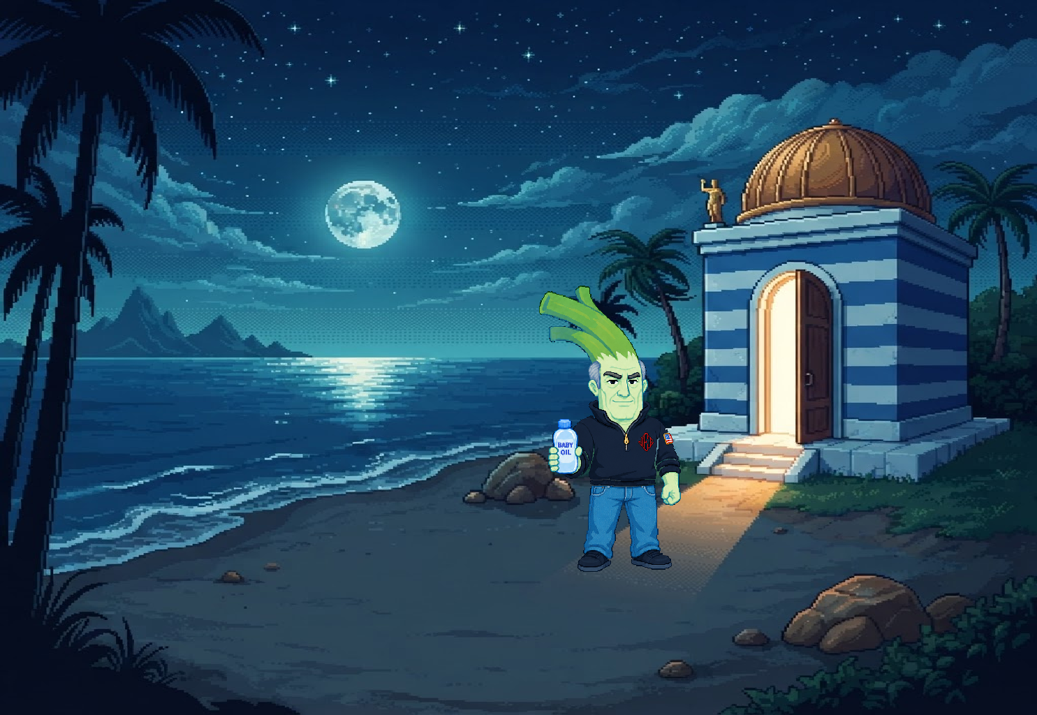 Pixel art of the leek-haired mascot holding baby oil on a moonlit island beach, with a blue-and-white striped gold-domed temple behind him and light spilling from its half-open door