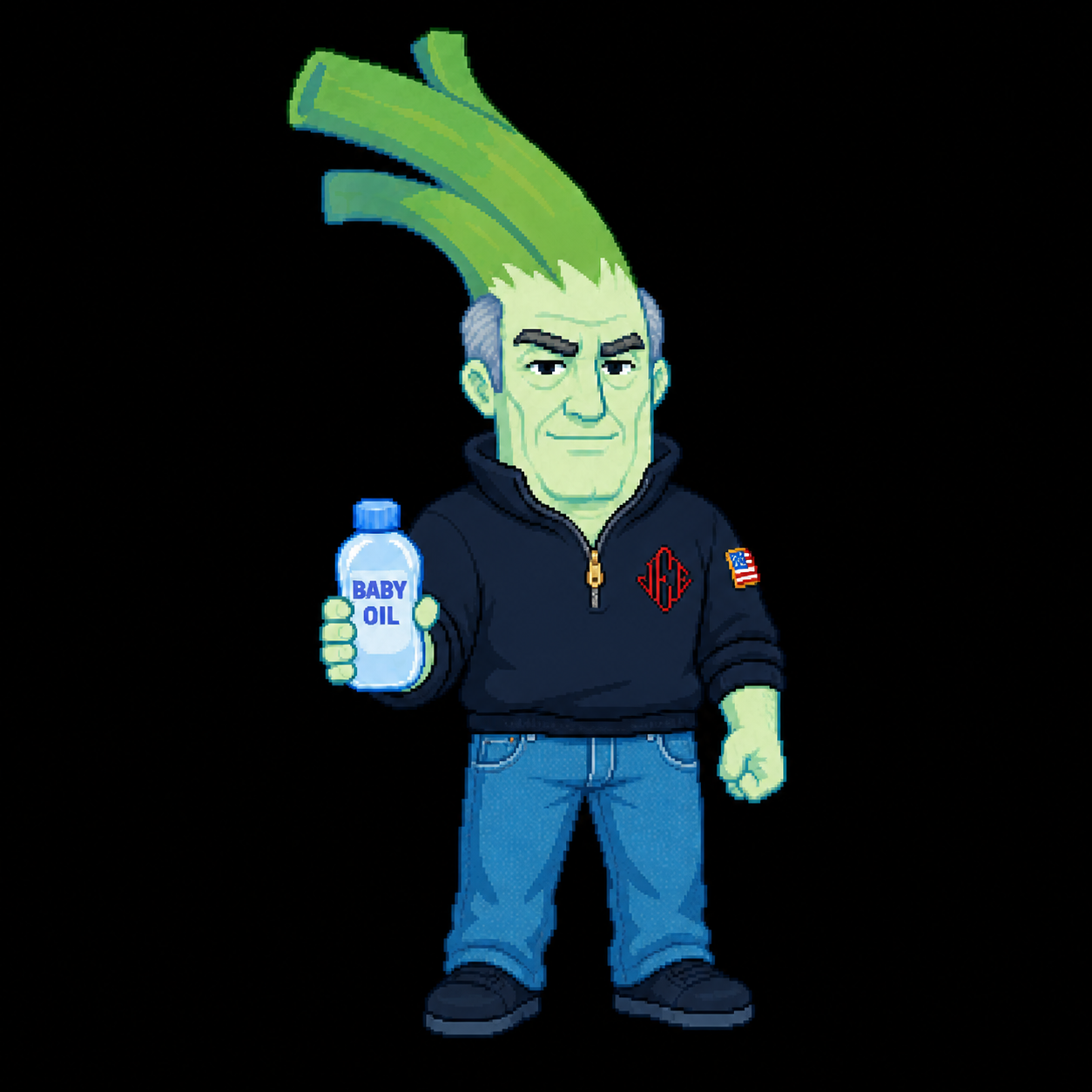 Pixel art of the $EPLEEK mascot: a green man with leek-stalk hair holding a bottle of baby oil